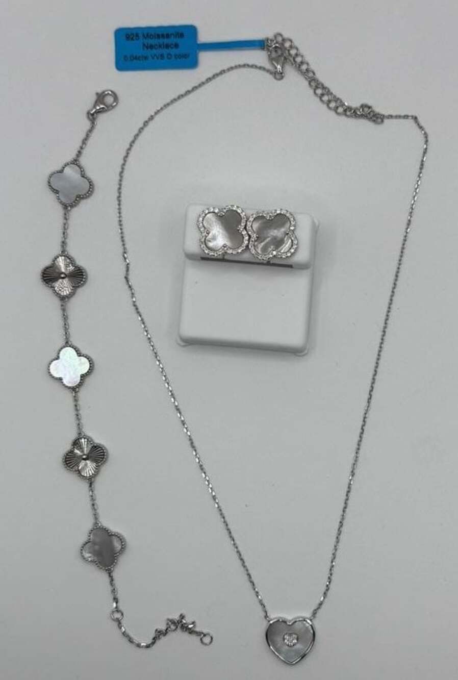 925 Silver Moissanite Clover Necklace and Earrings Jewelry Set